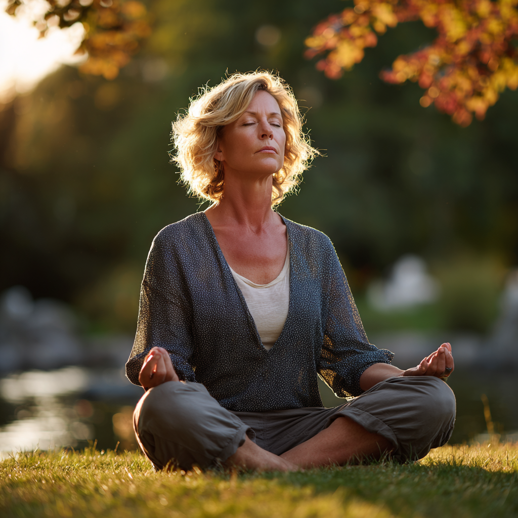 Middle-aged woman practicing gentle yoga meditation in peaceful setting