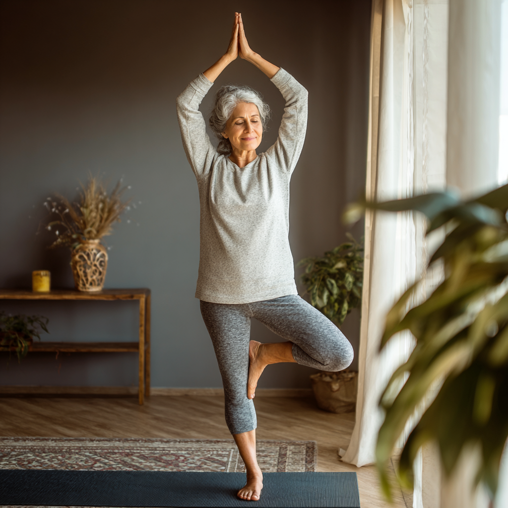 Senior woman finding her balance in tree pose during yoga practice